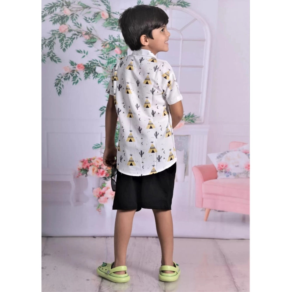 Amfyn Boy's Cotton Blend Printed Short Sleeve Shirt and Shorts Set (White)
