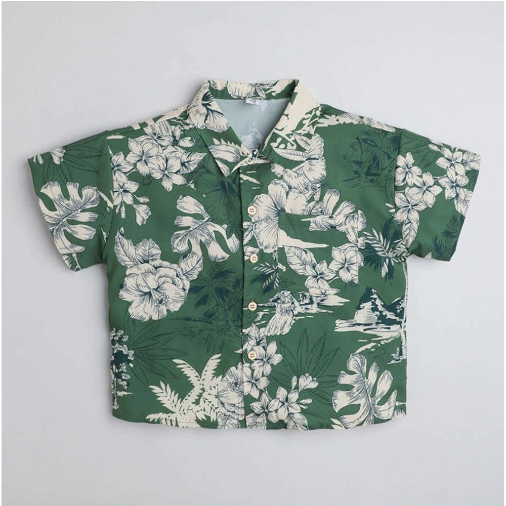 Amfyn Boy's Cotton Blend Printed Short Sleeve Shirt (Green)