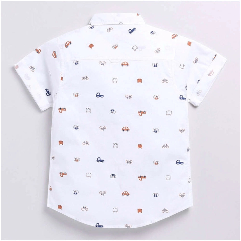 Amfyn Boy's Cotton Blend Printed Short Sleeve Shirt (White)