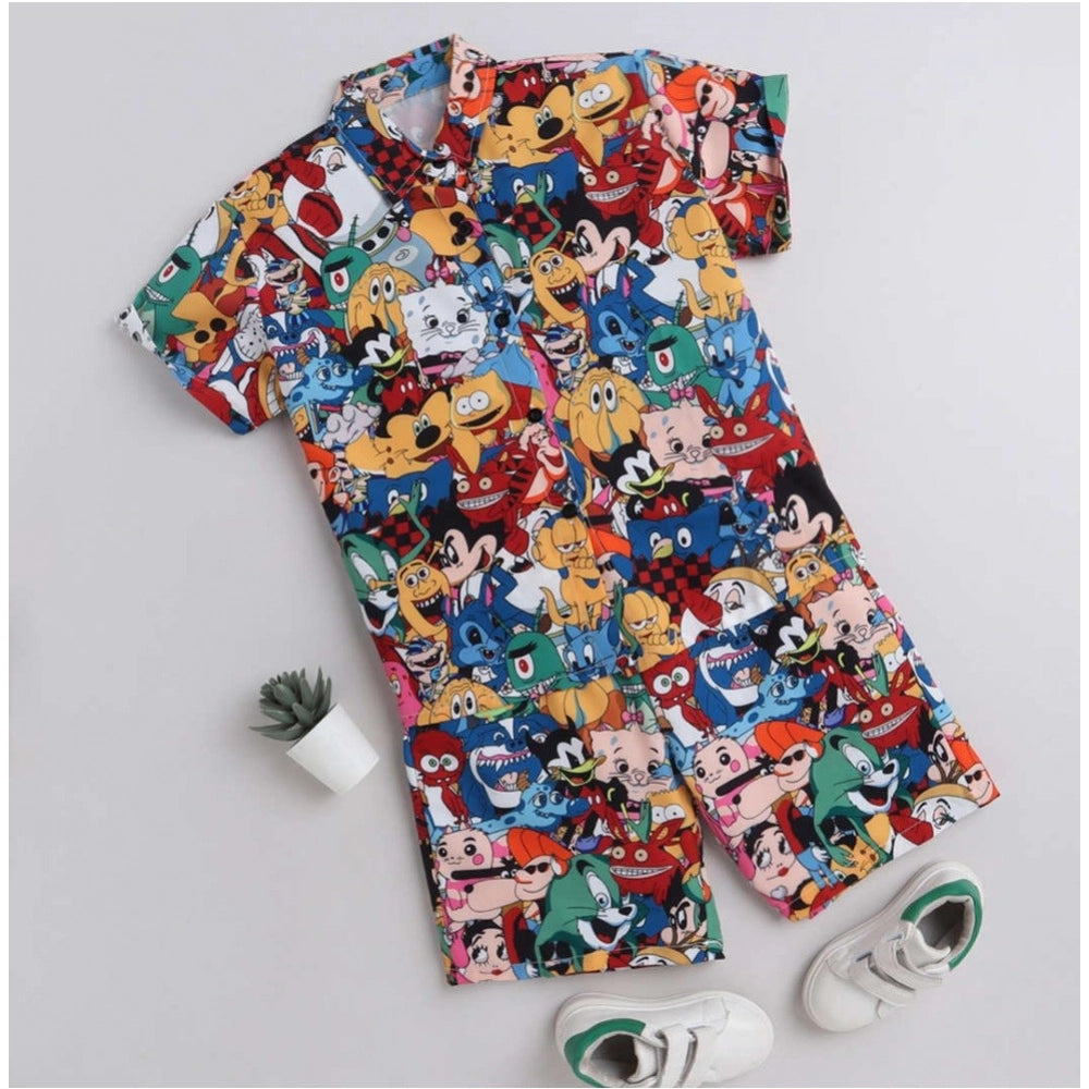 Amfyn Boy's Lycra Blend Printed Short Sleeve Shirt and Shorts Set (MultiColor)