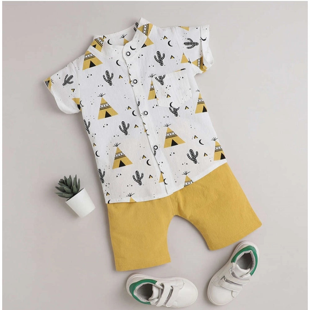 Amfyn Boy's Cotton Blend Printed Short Sleeve Shirt and Shorts Set (White)