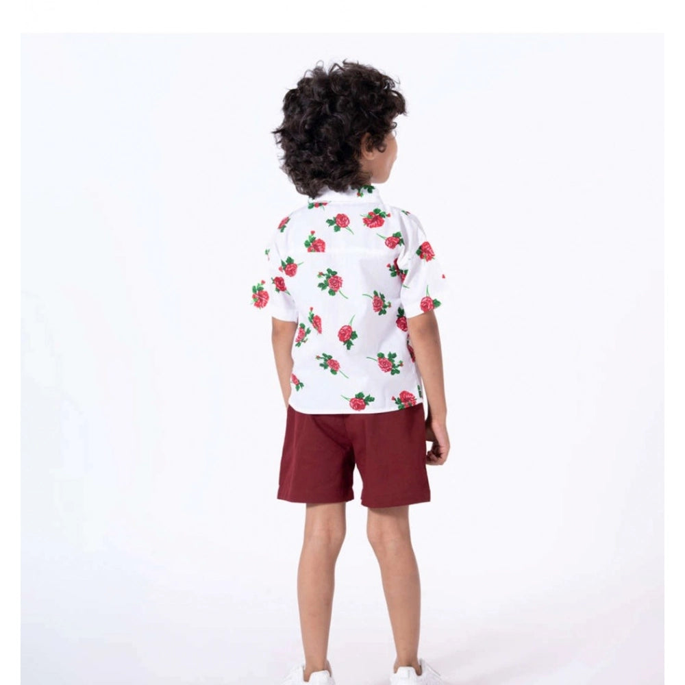 Amfyn Boy's Cotton Blend Printed Short Sleeve Shirt and Shorts Set (White)