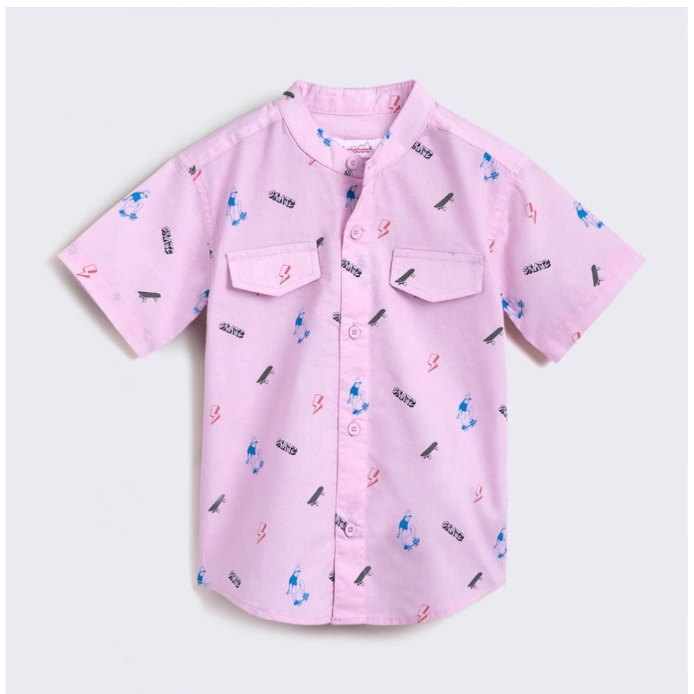Amfyn Boy's Cotton Blend Printed Short Sleeve Shirt and Shorts Set (Pink)