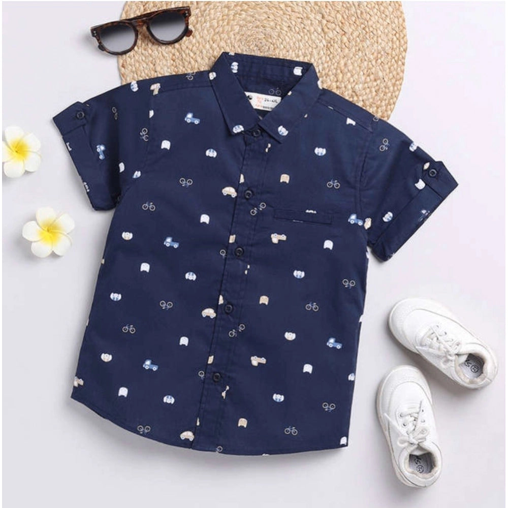 Amfyn Boy's Cotton Blend Printed Short Sleeve Shirt and Shorts Set (Navy Blue)