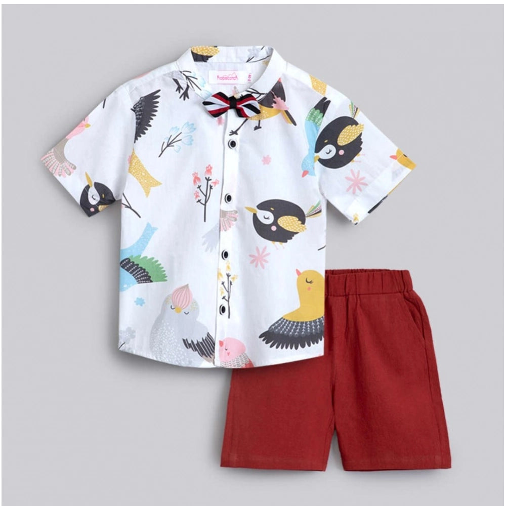 Amfyn Boy's Cotton Blend Printed Short Sleeve Shirt and Shorts Set (White)