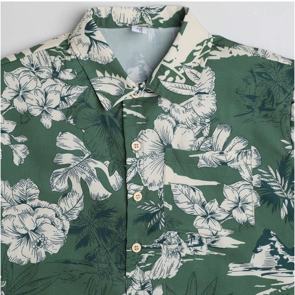 Amfyn Boy's Cotton Blend Printed Short Sleeve Shirt (Green)