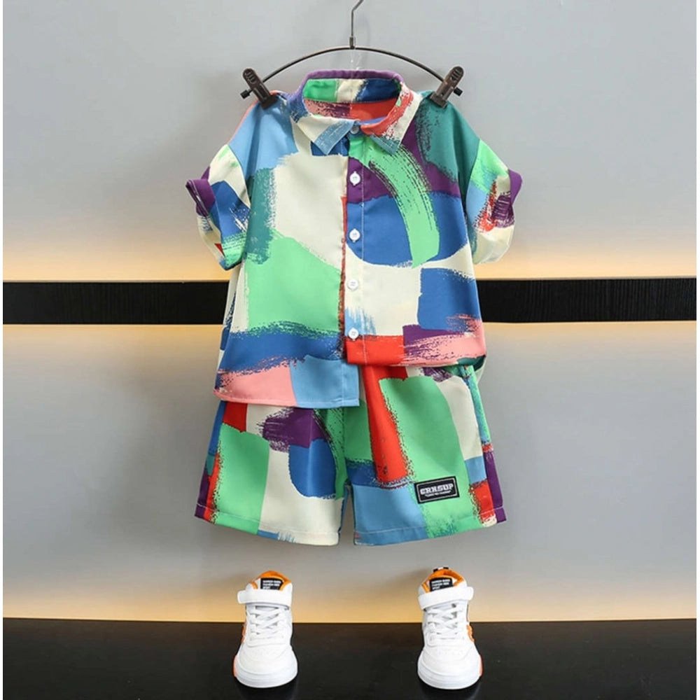 Amfyn Boy's Lycra Blend Printed Short Sleeve Shirt and Shorts Set (MultiColor)