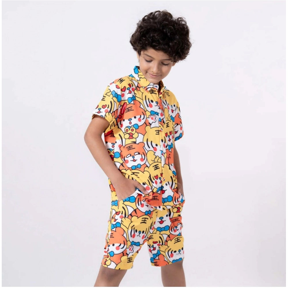 Amfyn Boy's Lycra Blend Printed Short Sleeve Shirt and Shorts Set (MultiColor)