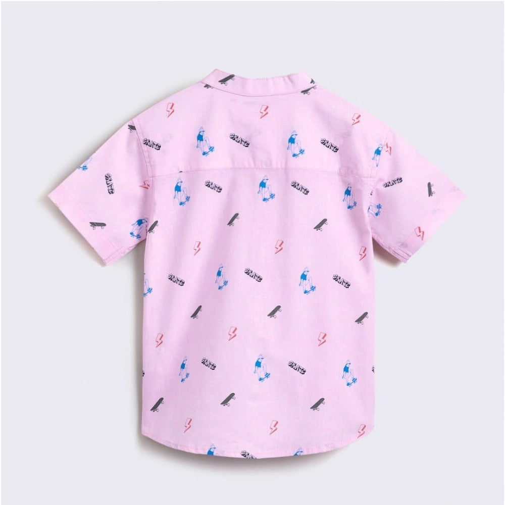 Amfyn Boy's Cotton Blend Printed Short Sleeve Shirt and Shorts Set (Pink)