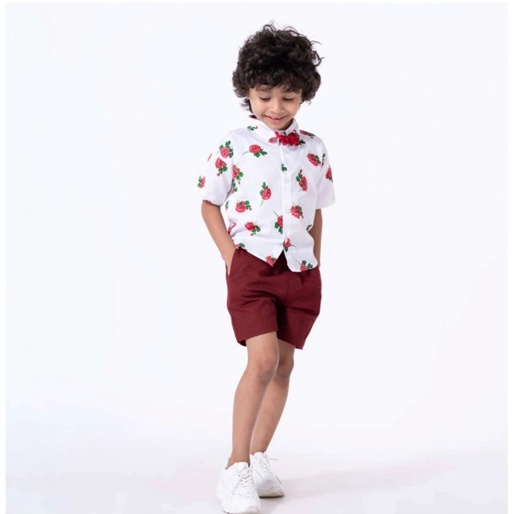 Amfyn Boy's Cotton Blend Printed Short Sleeve Shirt and Shorts Set (White)
