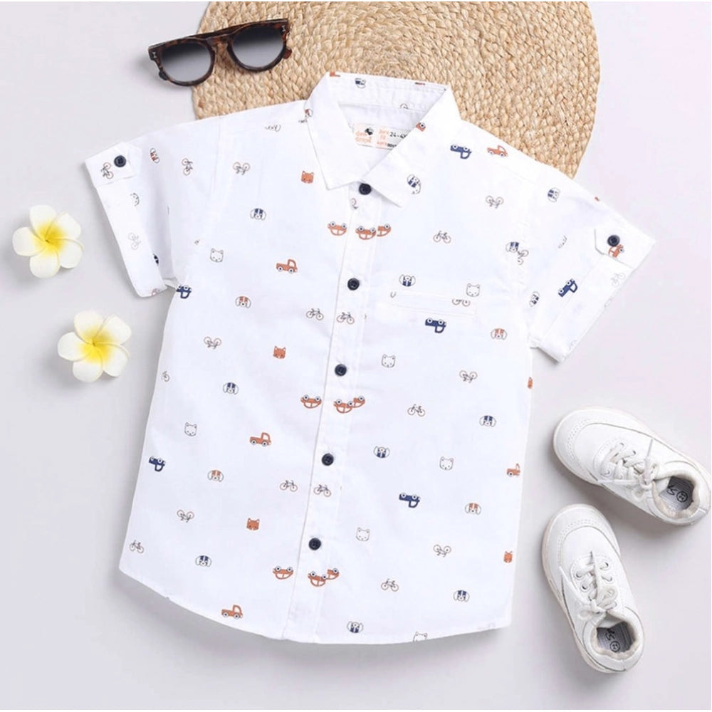 Amfyn Boy's Cotton Blend Printed Short Sleeve Shirt (White)
