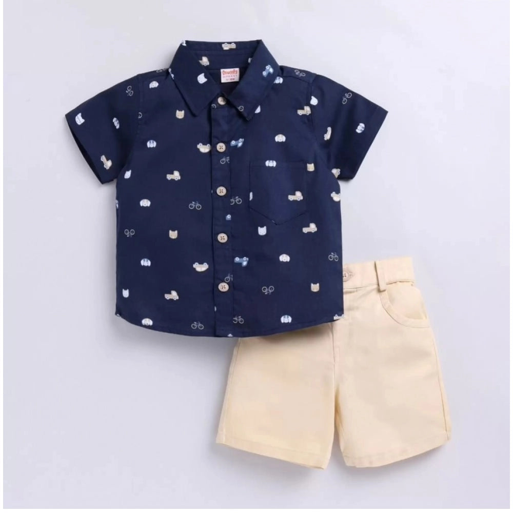 Amfyn Boy's Cotton Blend Printed Short Sleeve Shirt and Shorts Set (Navy Blue)