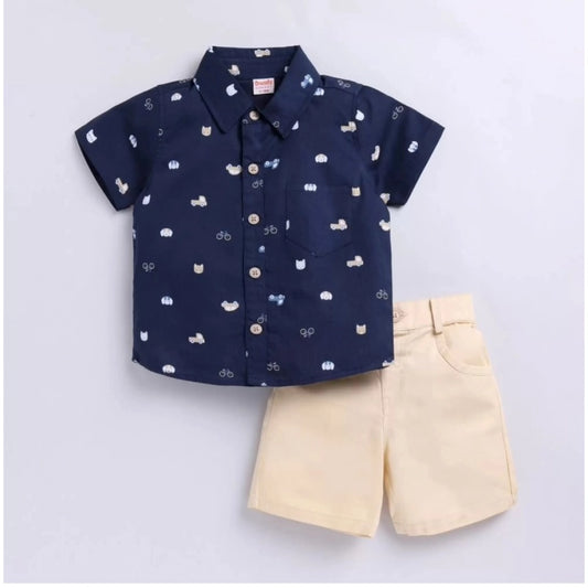Amfyn Boy's Cotton Blend Printed Short Sleeve Shirt and Shorts Set (Navy Blue)