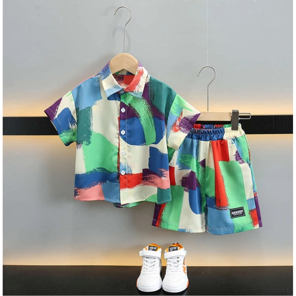 Amfyn Boy's Lycra Blend Printed Short Sleeve Shirt and Shorts Set (MultiColor)
