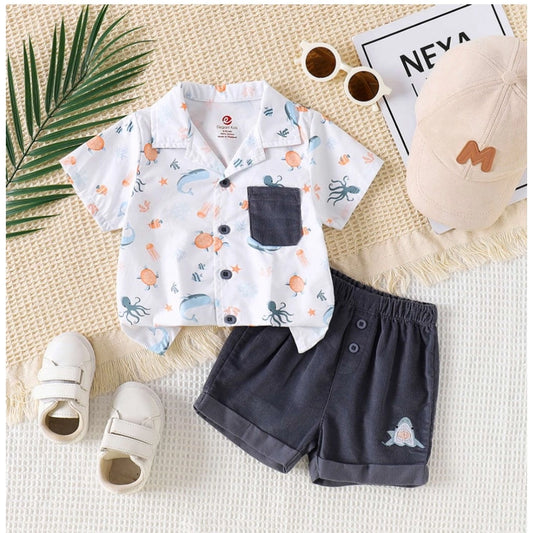 Amfyn Boy's Lycra Blend Printed Short Sleeve Shirt and Shorts Set (MultiColor)