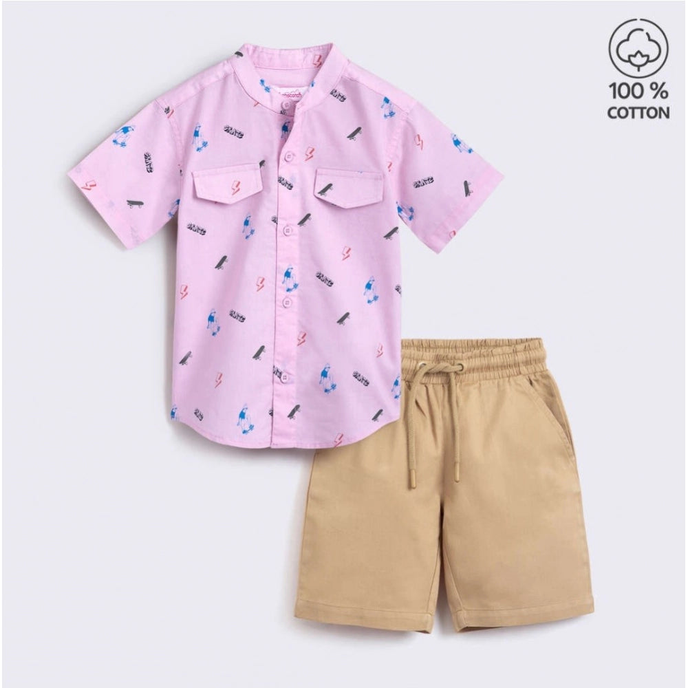 Amfyn Boy's Cotton Blend Printed Short Sleeve Shirt and Shorts Set (Pink)