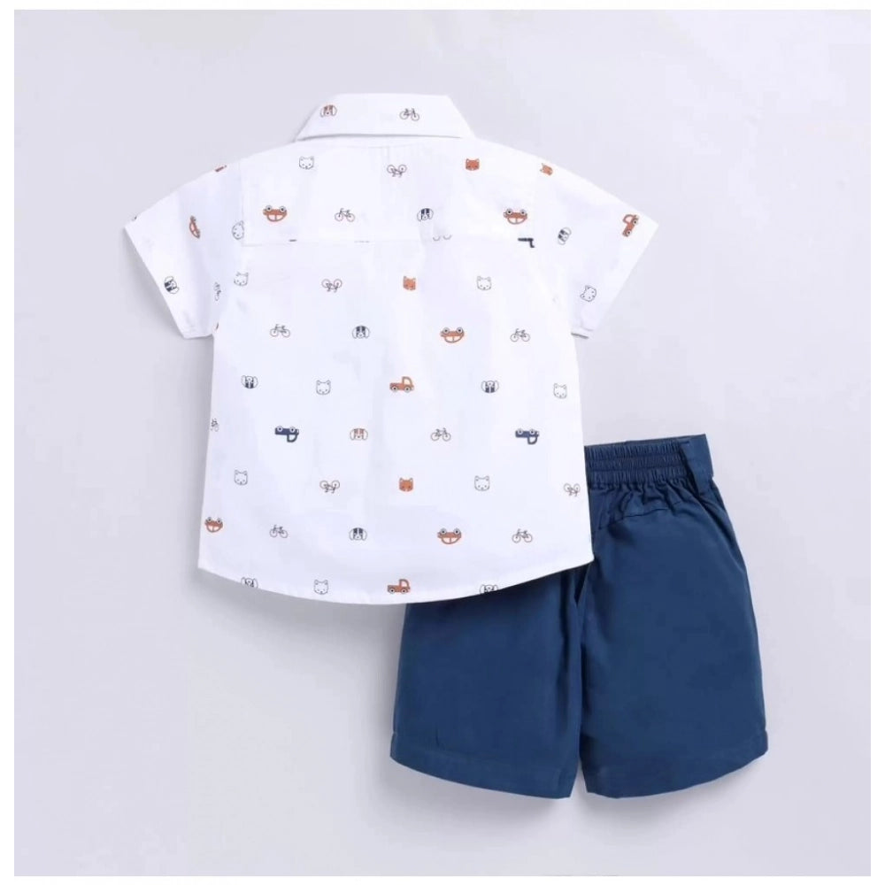 Amfyn Boy's Cotton Blend Printed Short Sleeve Shirt and Shorts Set (White)