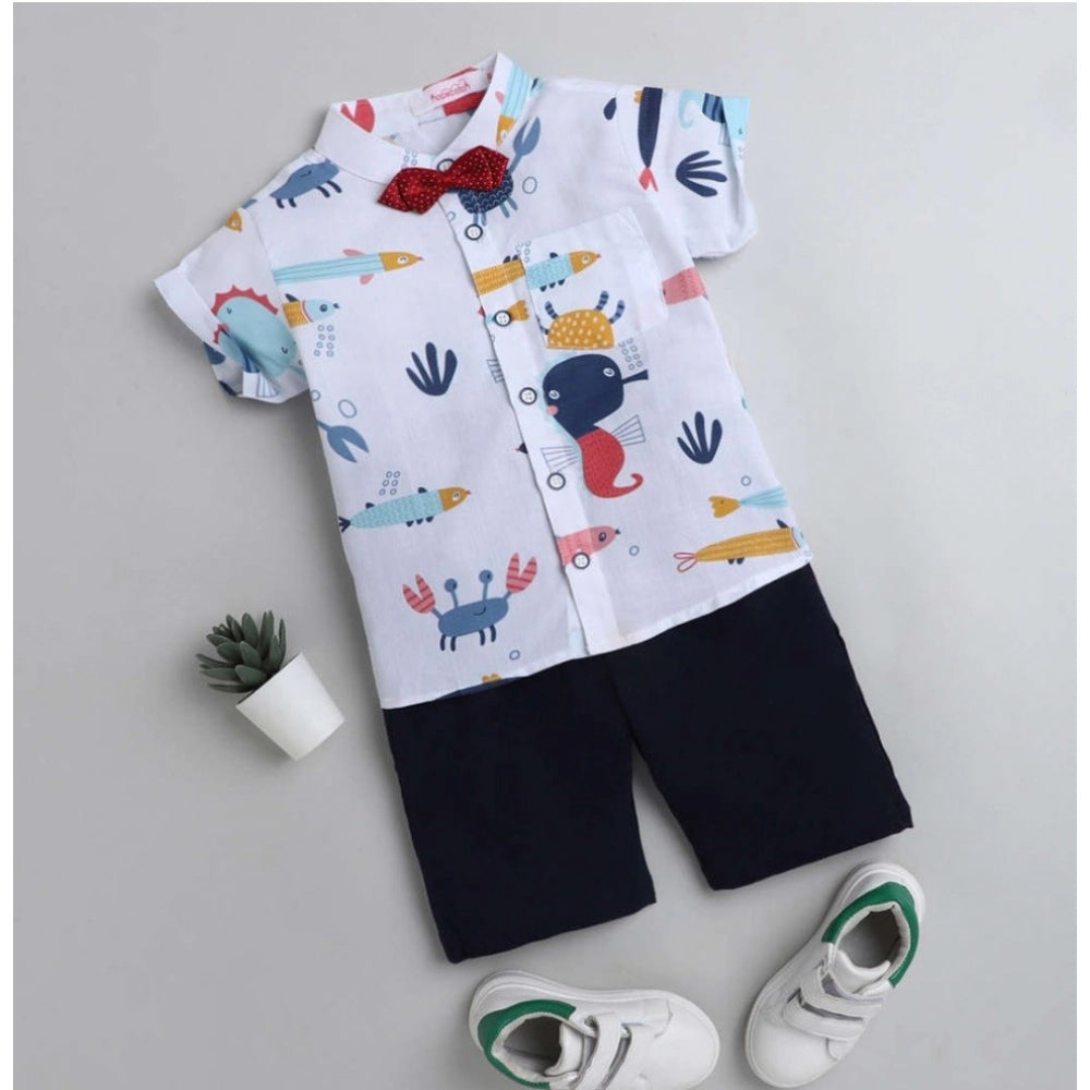 Amfyn Boy's Cotton Blend Printed Short Sleeve Shirt and Shorts Set (White)