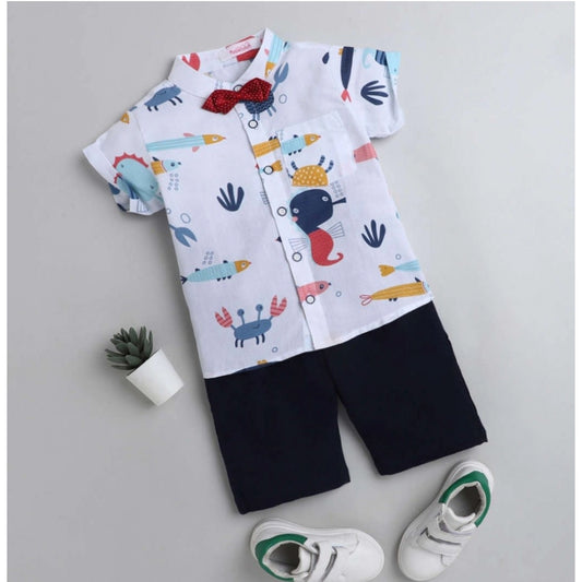 Amfyn Boy's Cotton Blend Printed Short Sleeve Shirt and Shorts Set (White)