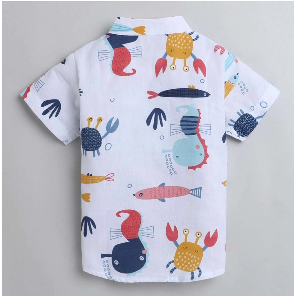 Amfyn Boy's Cotton Blend Printed Short Sleeve Shirt and Shorts Set (White)