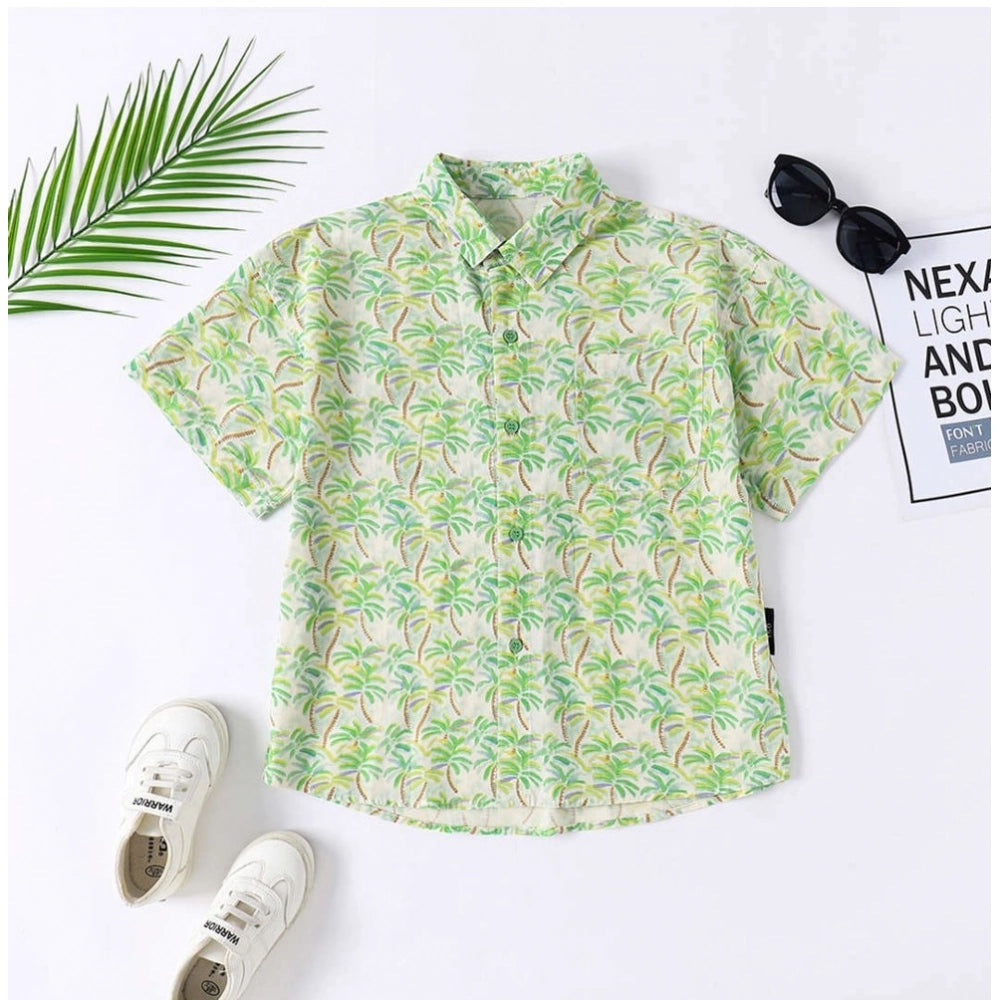 Amfyn Boy's Cotton Blend Printed Short  Sleeve Shirt (Green)