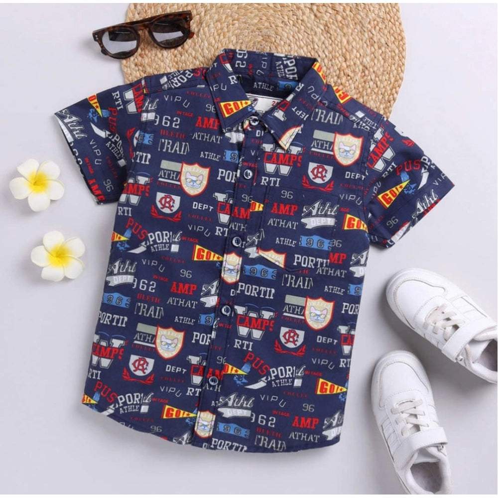 Amfyn Boy's Cotton Blend Printed Short Sleeve Shirt (Navy Blue)
