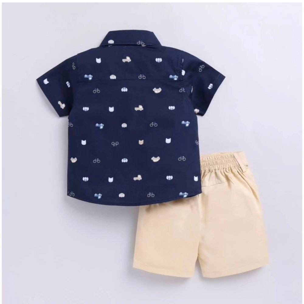 Amfyn Boy's Cotton Blend Printed Short Sleeve Shirt and Shorts Set (Navy Blue)