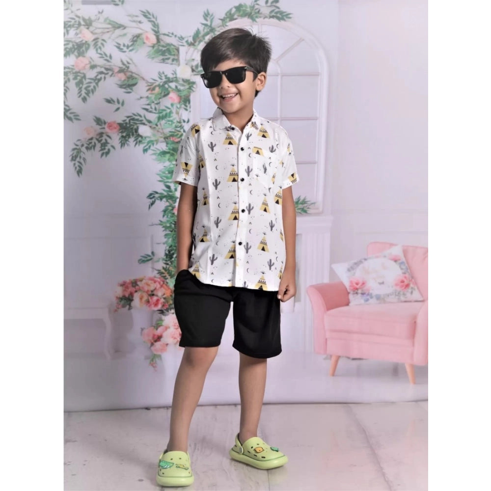 Amfyn Boy's Cotton Blend Printed Short Sleeve Shirt and Shorts Set (White)
