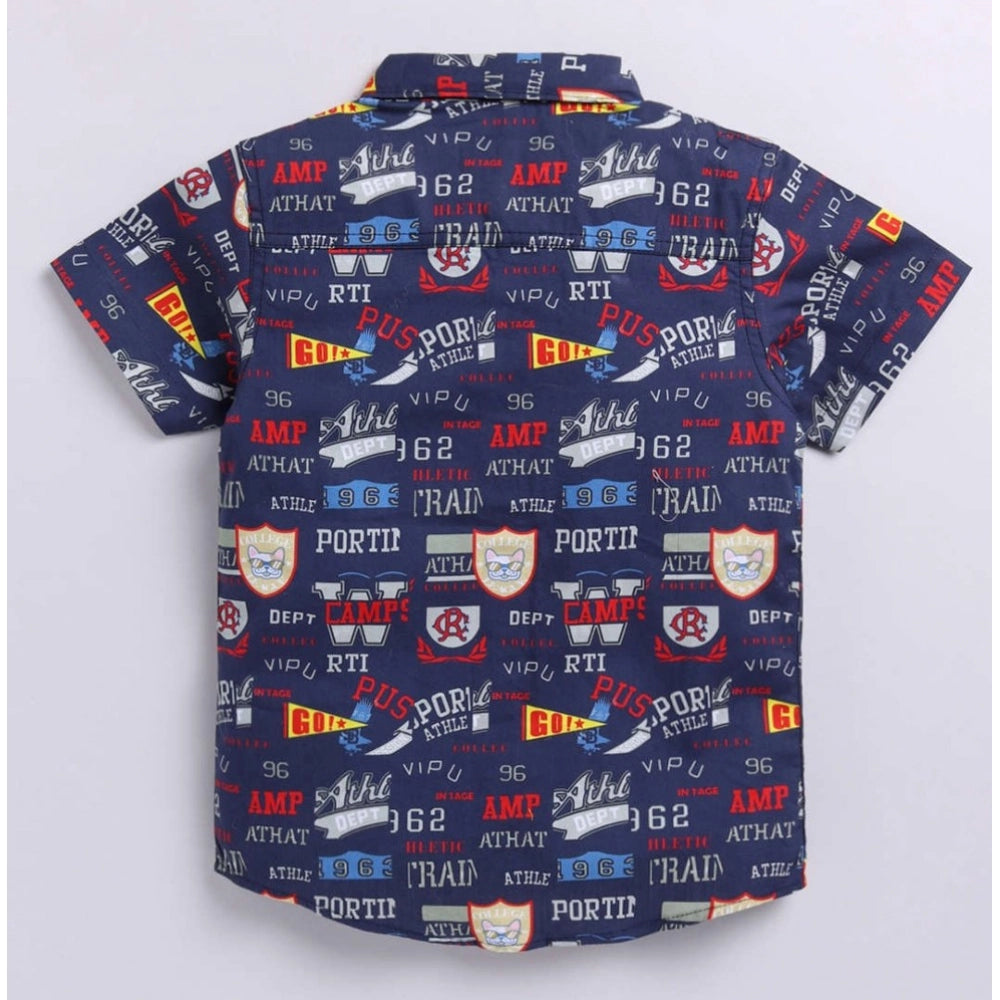 Amfyn Boy's Cotton Blend Printed Short Sleeve Shirt (Navy Blue)