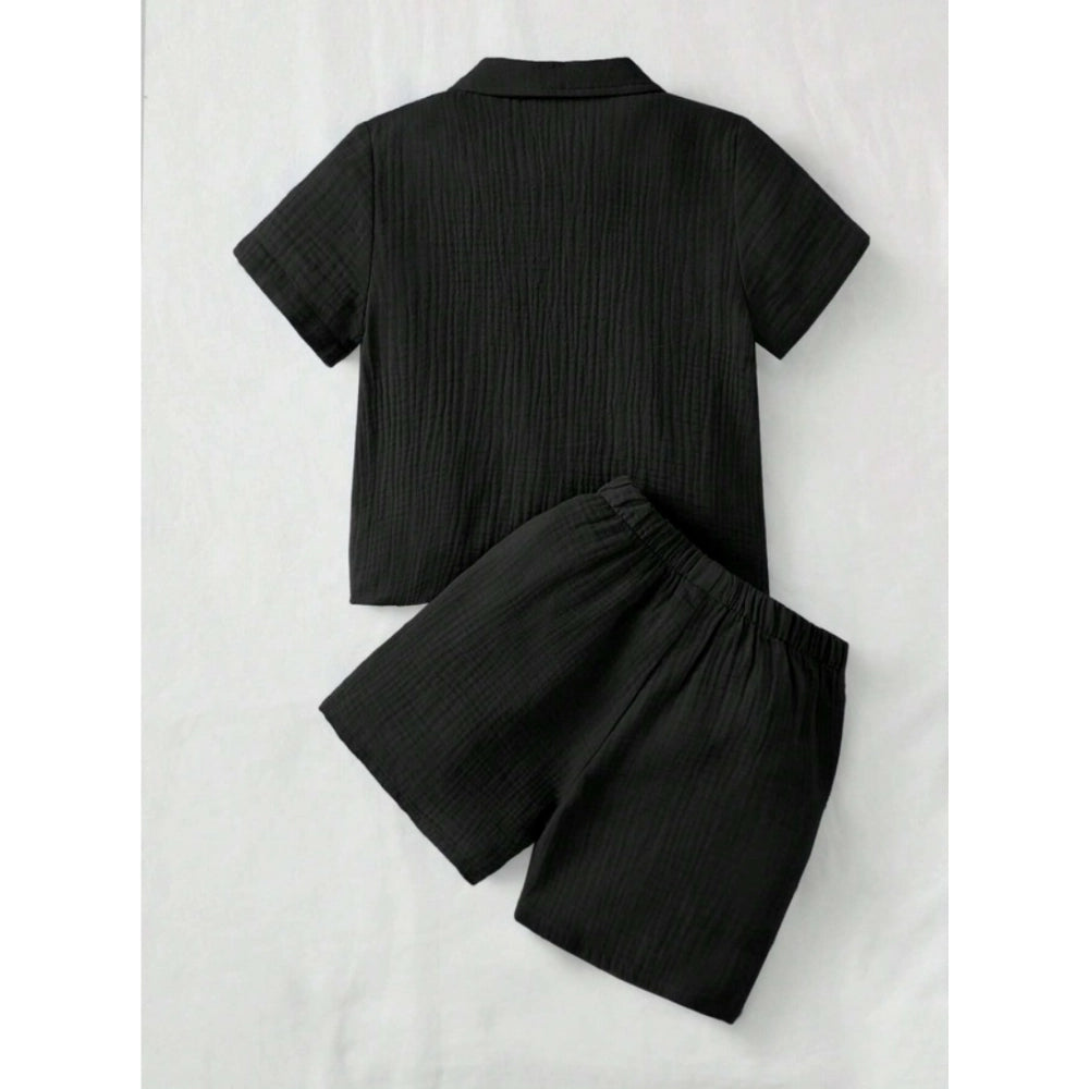 Amfyn Boy's Popcorn Solid Short Sleeve Shirt And Shorts Set (Black)