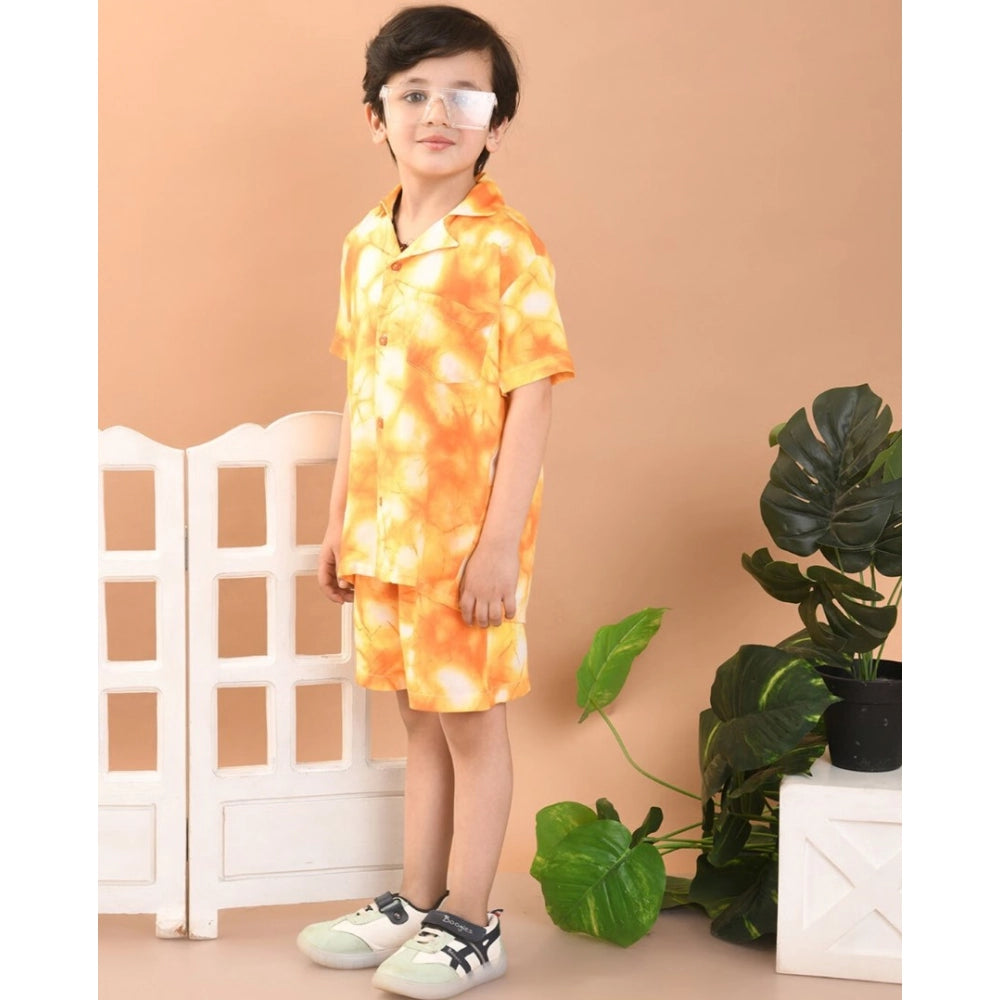 Amfyn Boy's Twill Cotton Printed Short Sleeve Shirt And Shorts Set (Orange)