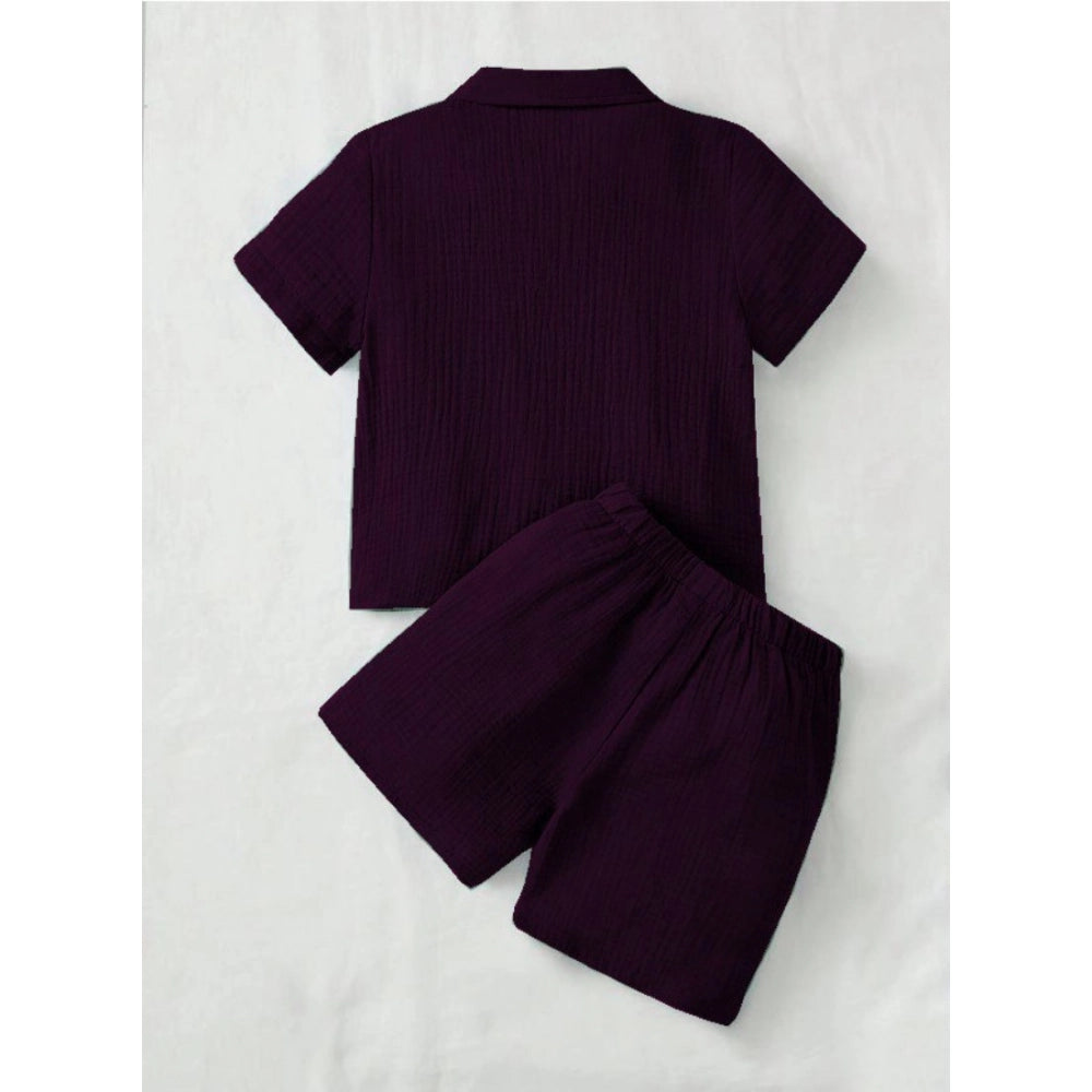 Amfyn Boy's Popcorn Solid Short Sleeve Shirt And Shorts Set (Wine)