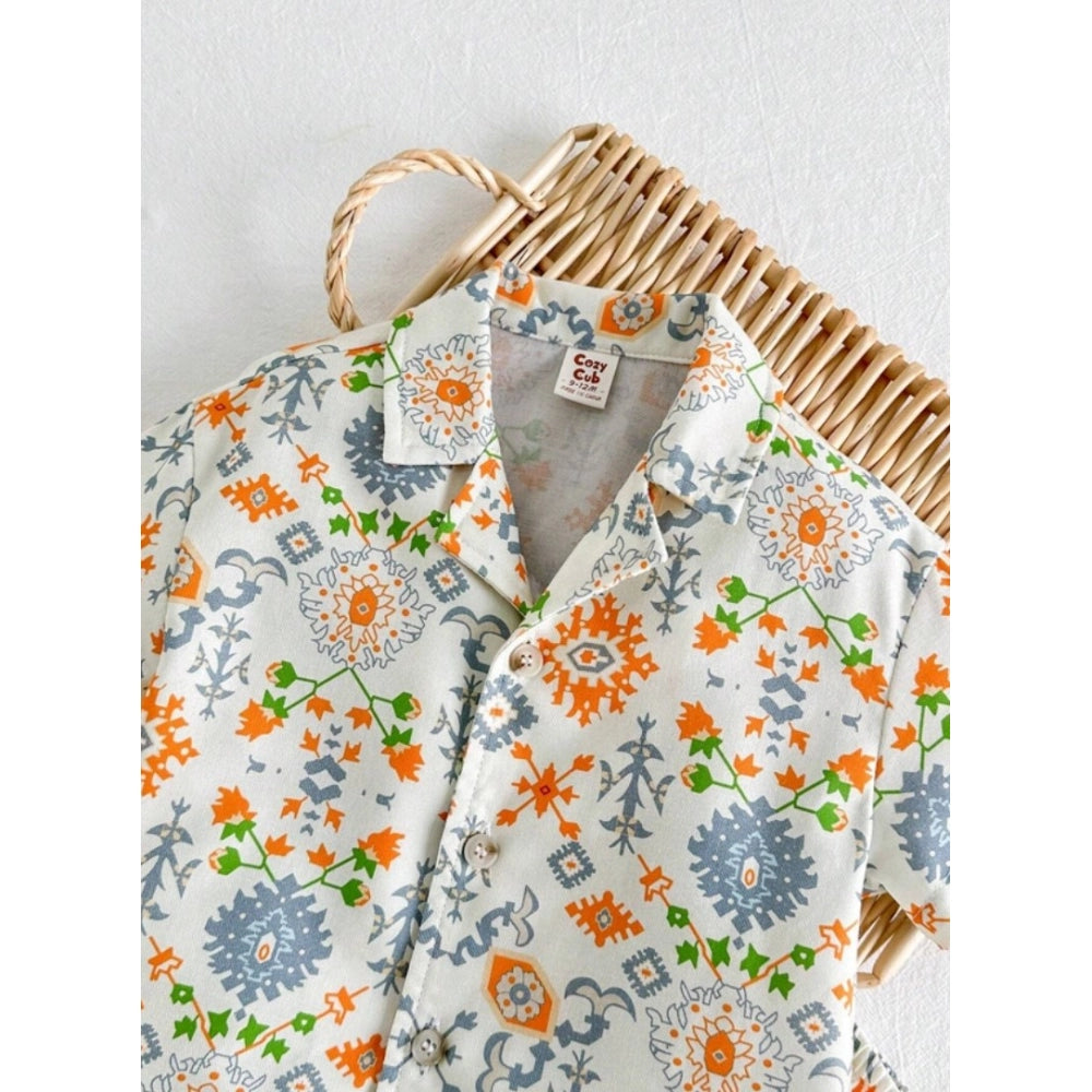 Amfyn Boy's Twill Cotton Printed Short Sleeve Shirt And Shorts Set (Multicolor)