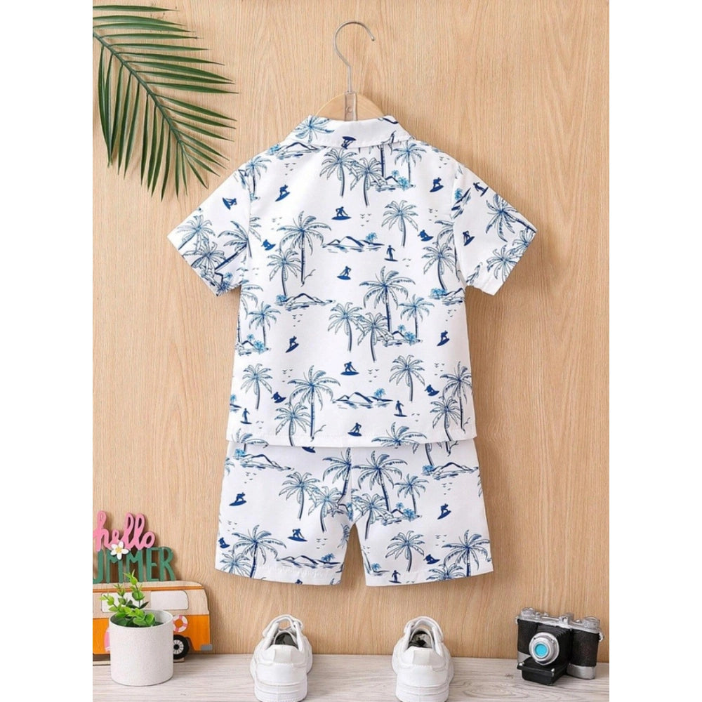 Amfyn Boy's Twill Cotton Printed Short Sleeve Shirt And Shorts Set (Blue)