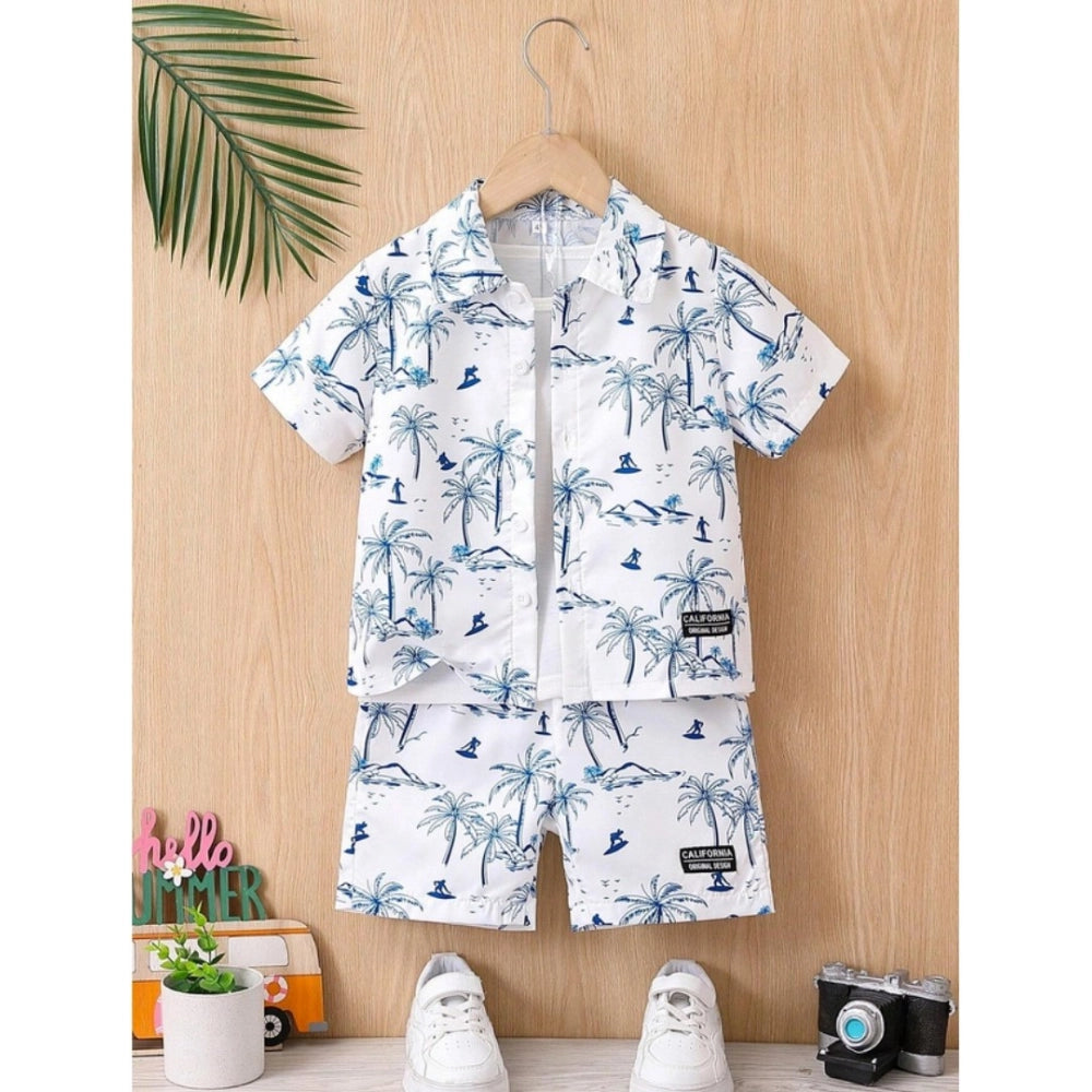 Amfyn Boy's Twill Cotton Printed Short Sleeve Shirt And Shorts Set (Blue)
