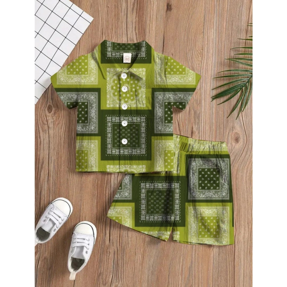 Amfyn Boy's Twill Cotton Printed Short Sleeve Shirt And Shorts Set (Green)