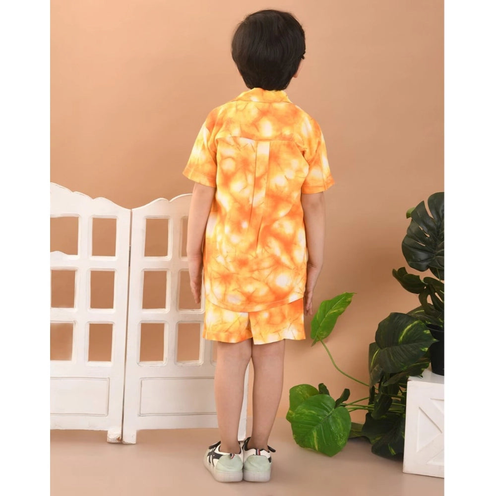 Amfyn Boy's Twill Cotton Printed Short Sleeve Shirt And Shorts Set (Orange)