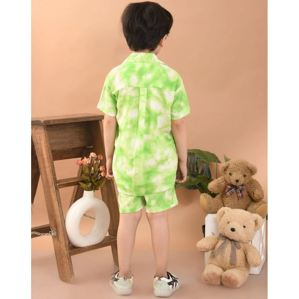 Amfyn Boy's Twill Cotton Printed Short Sleeve Shirt And Shorts Set (Bottle Green)