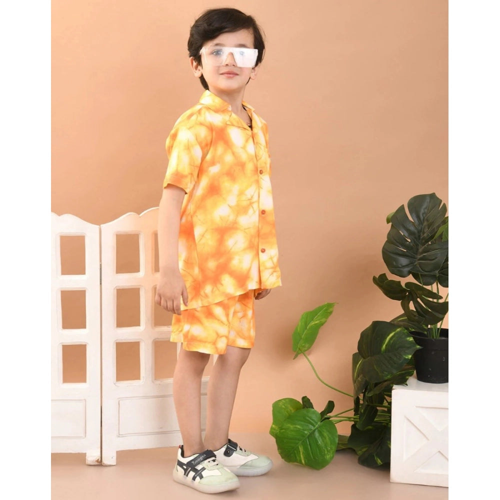 Amfyn Boy's Twill Cotton Printed Short Sleeve Shirt And Shorts Set (Orange)
