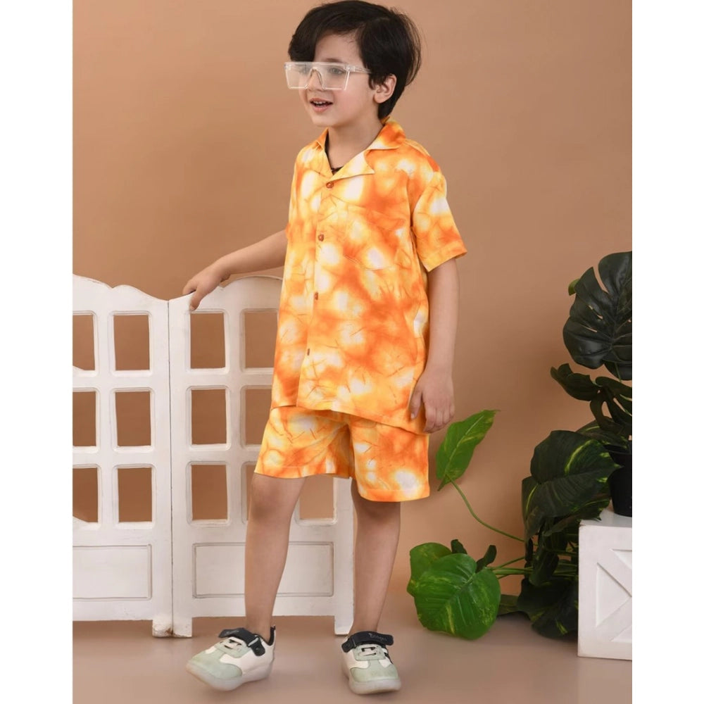 Amfyn Boy's Twill Cotton Printed Short Sleeve Shirt And Shorts Set (Orange)