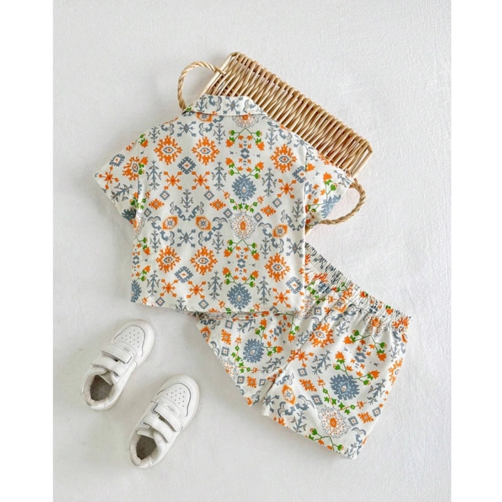 Amfyn Boy's Twill Cotton Printed Short Sleeve Shirt And Shorts Set (Multicolor)