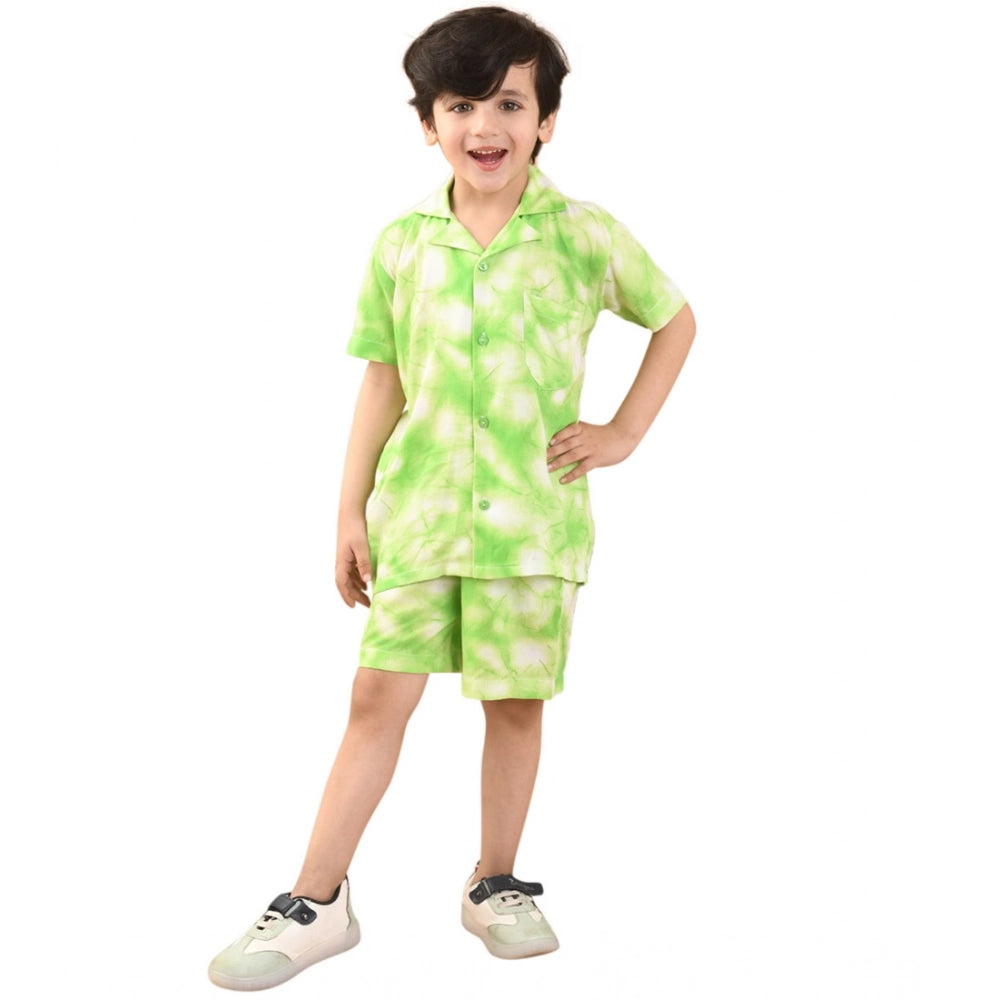 Amfyn Boy's Twill Cotton Printed Short Sleeve Shirt And Shorts Set (Bottle Green)
