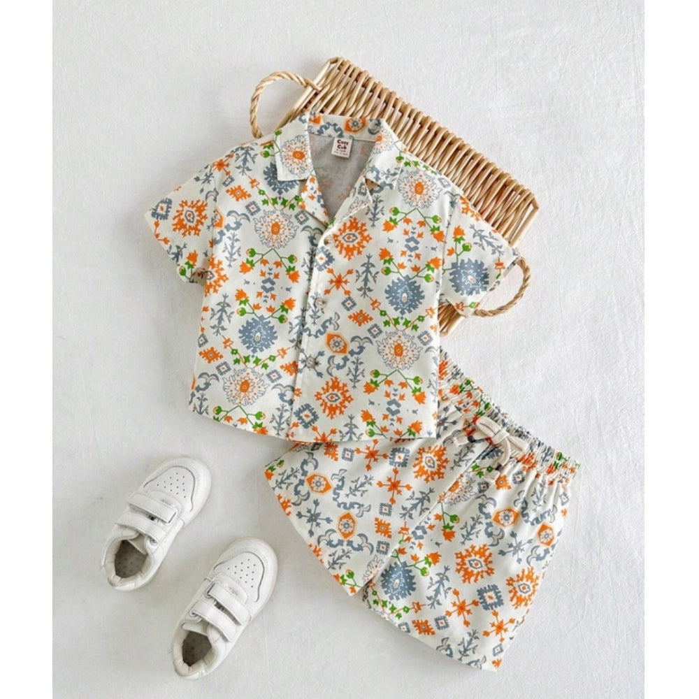 Amfyn Boy's Twill Cotton Printed Short Sleeve Shirt And Shorts Set (Multicolor)