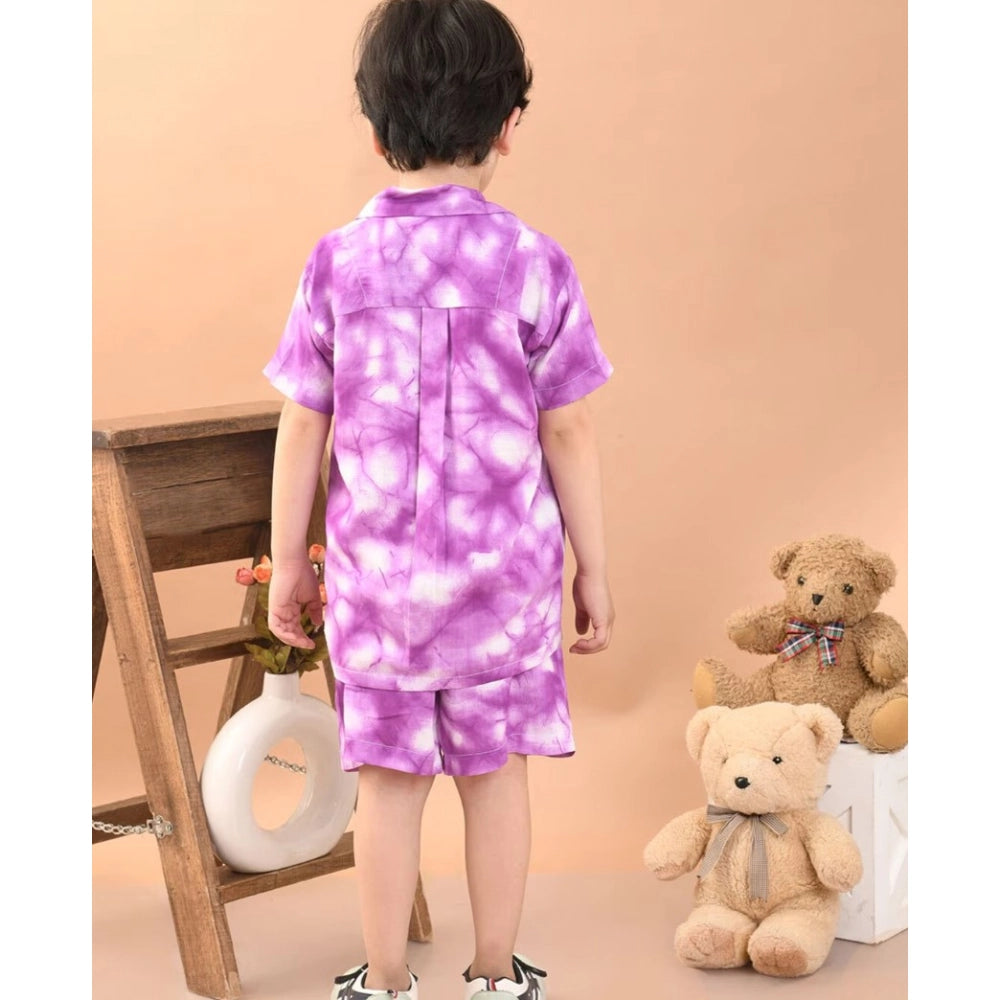 Amfyn Boy's Twill Cotton Printed Short Sleeve Shirt And Shorts Set (Pink)
