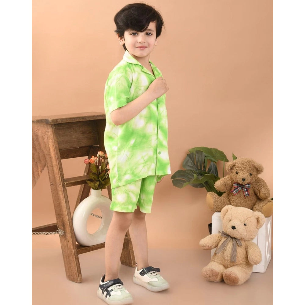 Amfyn Boy's Twill Cotton Printed Short Sleeve Shirt And Shorts Set (Bottle Green)