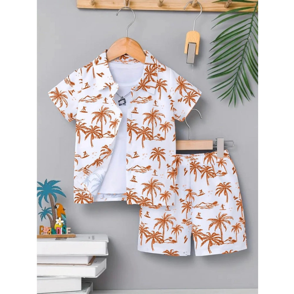 Amfyn Boy's Twill Cotton Printed Short Sleeve Shirt And Shorts Set (Brown)