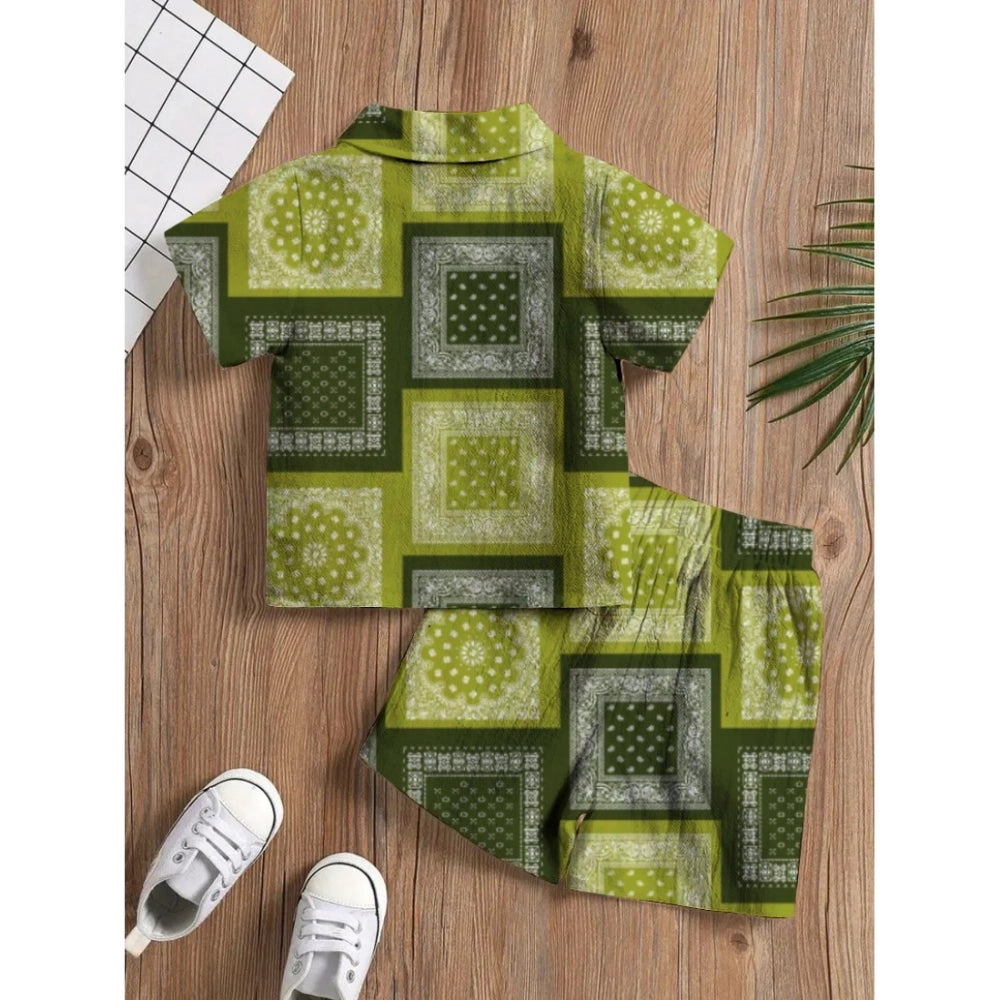 Amfyn Boy's Twill Cotton Printed Short Sleeve Shirt And Shorts Set (Green)