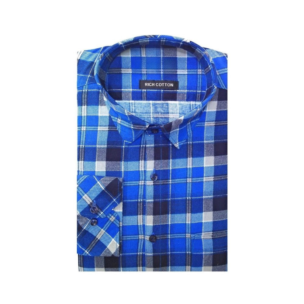 Amfyn Men's Cotton Lycra Full Sleeve Checked Casual Shirt (Blue)