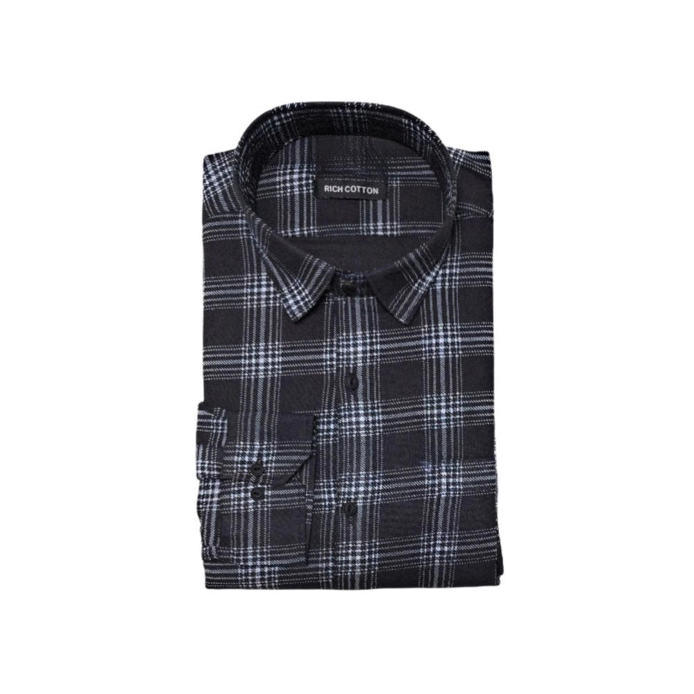 Amfyn Men's Cotton Lycra Full Sleeve Checked Casual Shirt (Black)