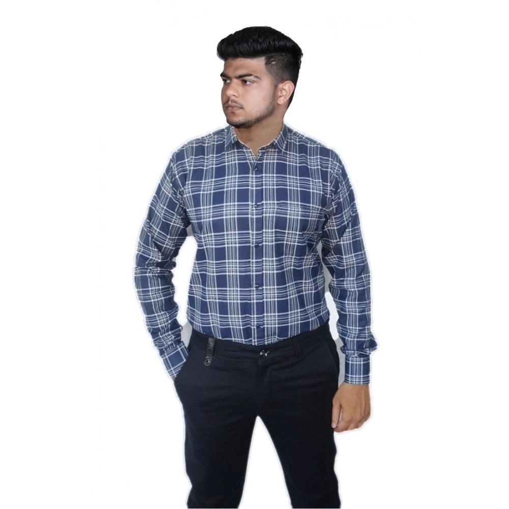 Amfyn Men's Cotton Lycra Full Sleeve Checked Casual Shirt (Navy Blue)